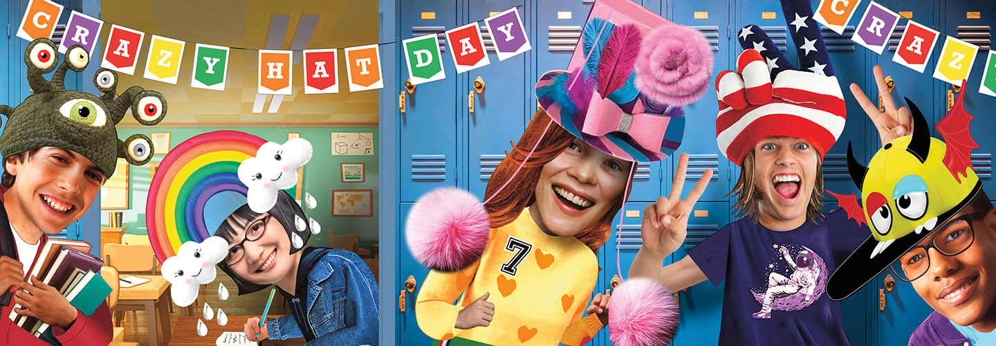 Illustration of students celebrating crazy hat day at school