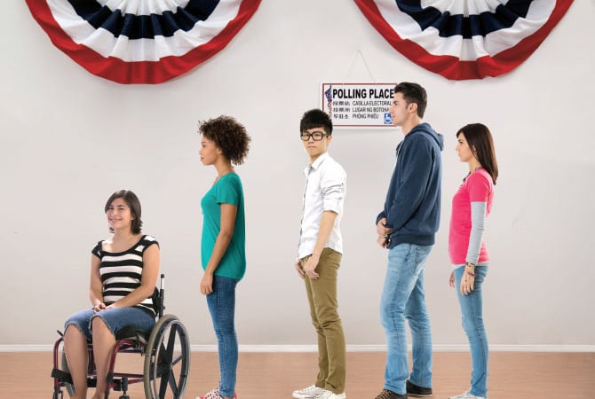 Young adults waiting in a voting line